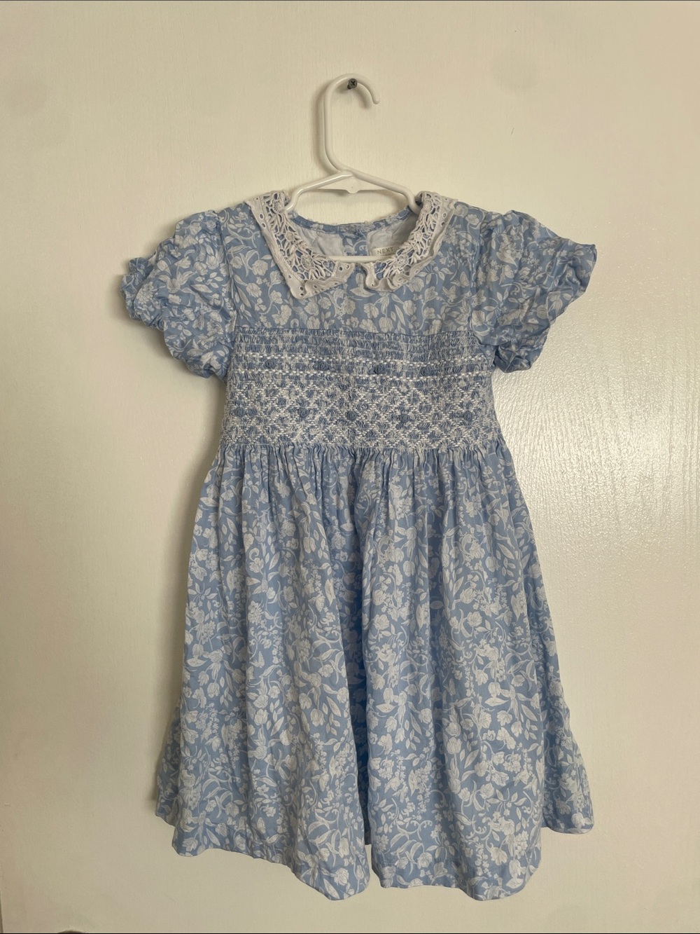 Next Blue Floral Smocked Dress with Lace Collar